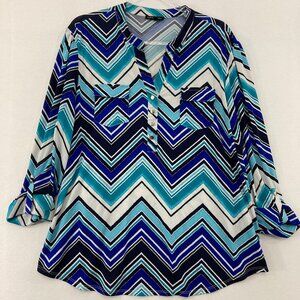 Ava & Grace Top size XL Blue Chevron Rolled Sleeve Stretch Knit Popover Office